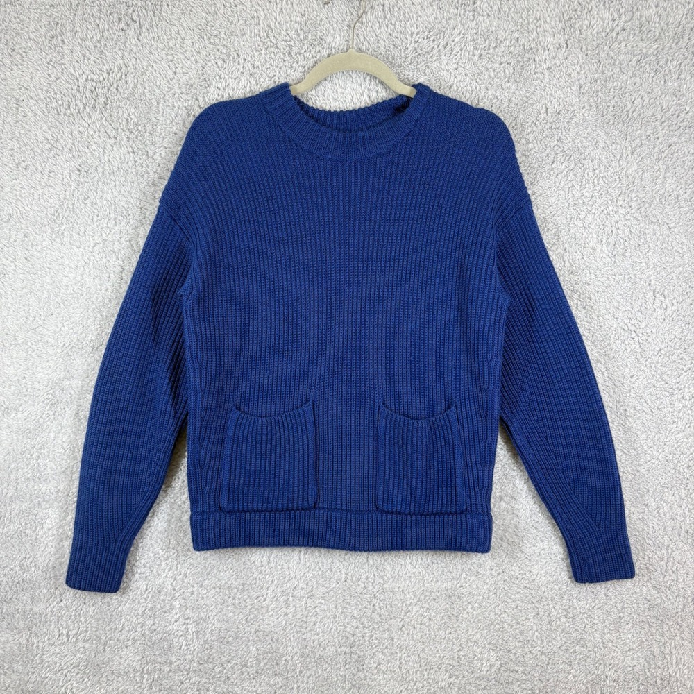 Ann Taylor Chunky Knit Merino Wool Blend Pocket Sweater Pockets Size M Blue Cozy